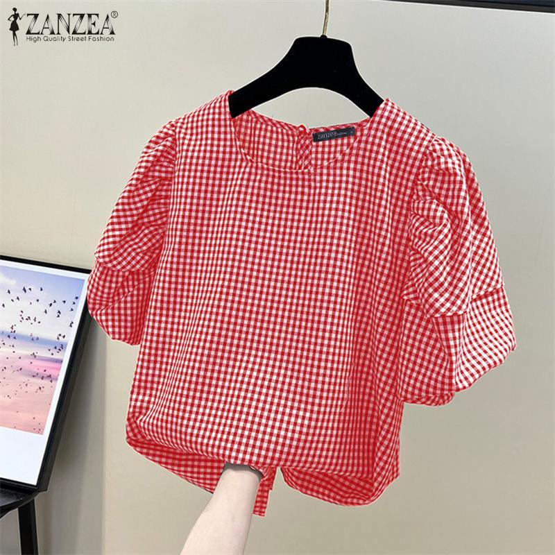 ZANZEA Women Casual O-neck Short Sleeve Plaid Print Blouse