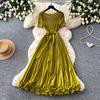Light and Elegant Green Pleated Noble and Elegant Dress Women's Short-sleeved Waist Pleated Long Dress Commuter Celebrity Style