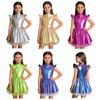 Kids Girls Alien Costume Dress: Iridescent Glossy Tutu with Flying Sleeves & Mock Neck for Theme Party & Stage Performance