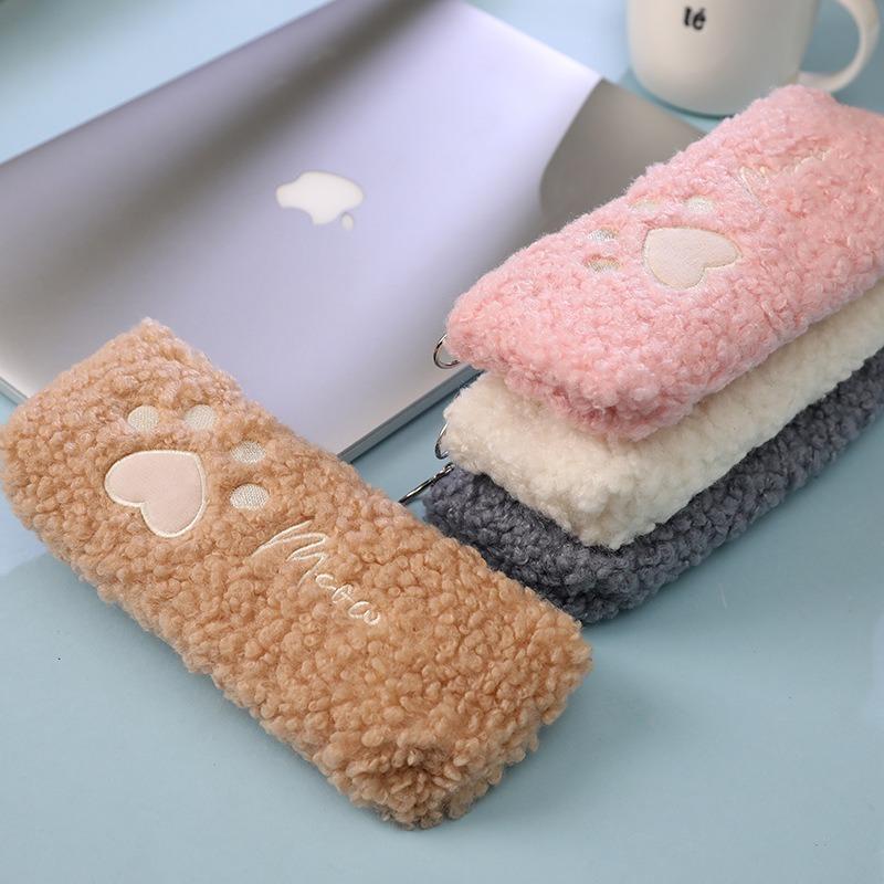 Hairy Cute Kawaii Cat Paw Plush Pencil Bag Case Girl Supplies Simple Student Stationery Pen Case Storage Bag Gifts For Kids