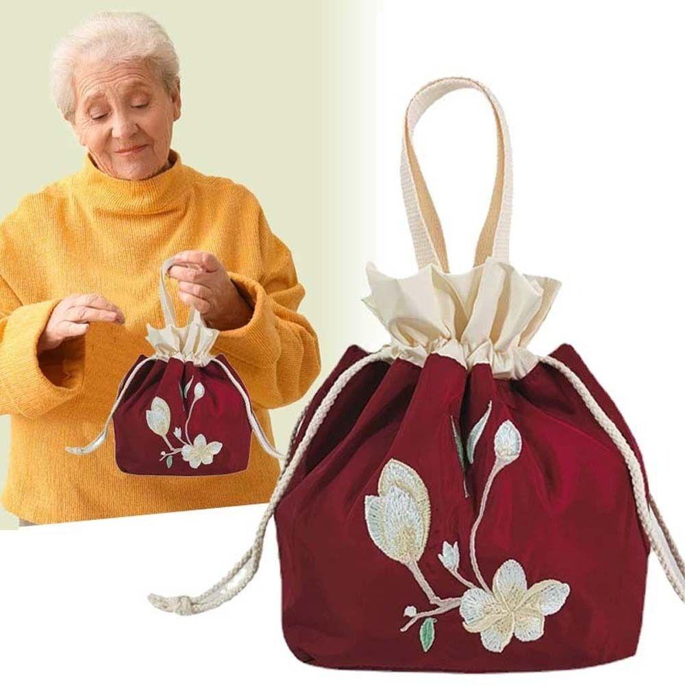 Satin Silk Embroidery Flower Handbag Ruffle Floral Bucket Bag Sweet Hanfu Drawstrings Bag  Shopping