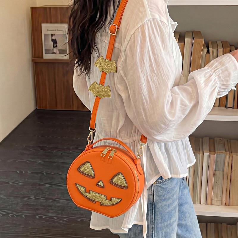 Halloween Pumpkin Purse For Women Pu Material Small Circular Crossbody Bag With Zipper Pocket