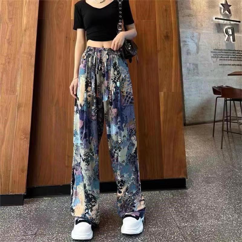 Women's Summer Ink Wash Tie-Dye Wide-Leg Ice Silk Pants