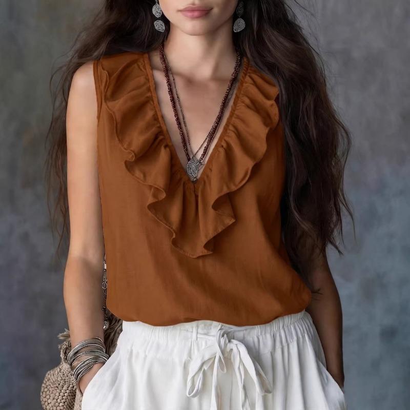 Womens Blue Sleeveless V Neck Blouse With Ruffle Trim Casual Loose Fit Summer Top