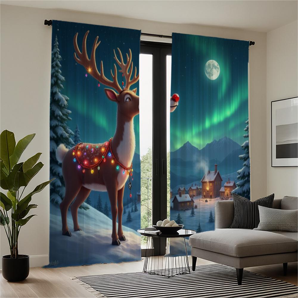 Festive Christmas Reindeer Snow Forest Printed Curtains High Definition Digital Print Green Scarf Red Hat Design Se Curtain Set Of 2 Made Polyester