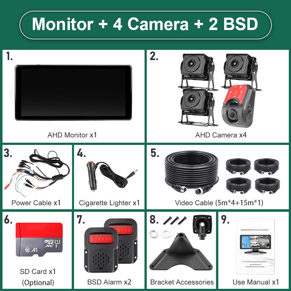 10.36'' 4CH AI Smart Blind Spot Radar BSD Alarm Wireless Apple Carplay Android-Auto DVR Monitor Fisheye 170° Cam for Truck Bus