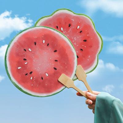 Watermelon Print Round Fan with Wooden Long Handle Portable Lightweight Outdoor Travel