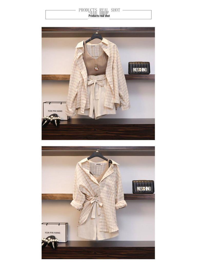 Chic Plaid Slimming Plus Size Summer Three-Piece Suit for Women