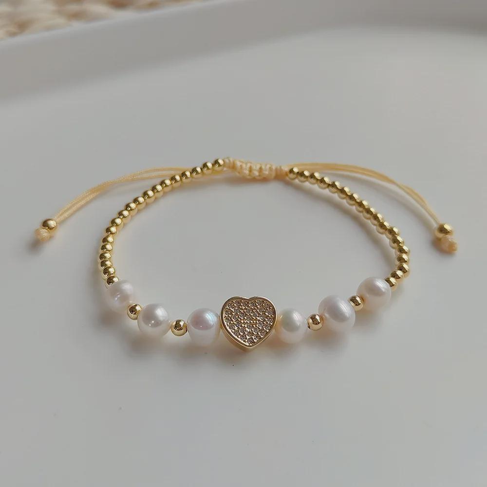 European-American Micro-Diamond Moon Jewelry: Pearl and Gold-Plated Bead Bracelet