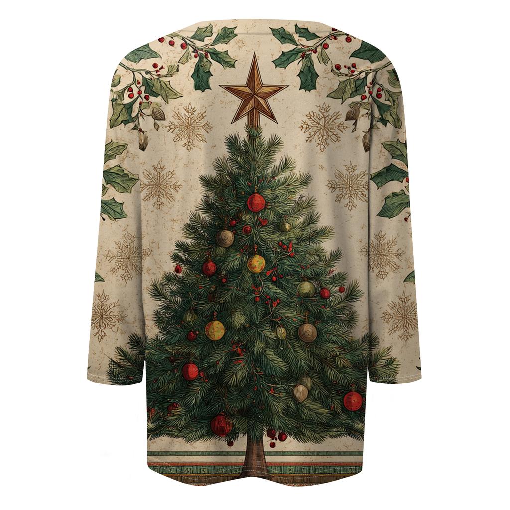 Women's Fashion Casual Round Neck Three-quarter Sleeve Christmas Print T-shirt Top