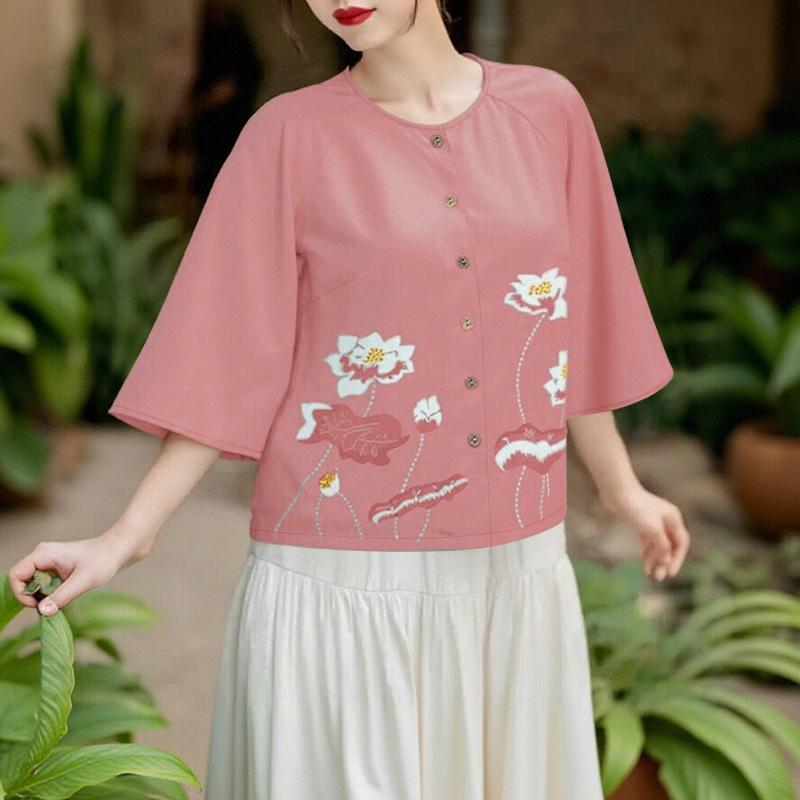 

ZANZEA Женская повседневная блузка с круглым вырезом и рукавом 3/4 с цветочным принтом розовый