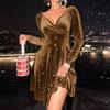 2026 New Women's Velvet Bodycon Dress, V-Neck Long Sleeve Short Cocktail Dress with Waist Cinching, Sexy Holiday & Party Velvet Gown