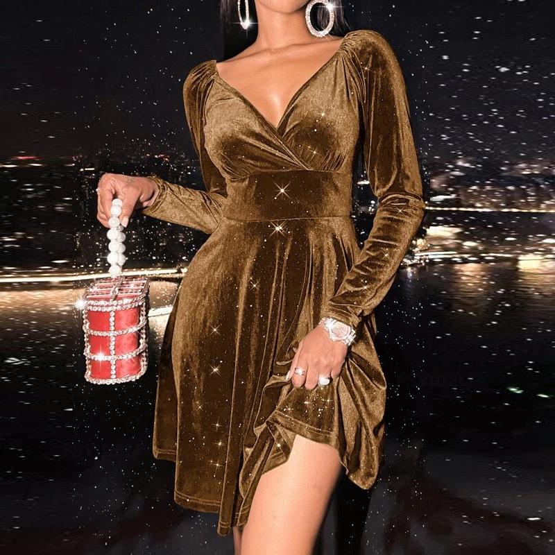 2026 New Women's Velvet Bodycon Dress, V-Neck Long Sleeve Short Cocktail Dress with Waist Cinching, Sexy Holiday & Party Velvet Gown