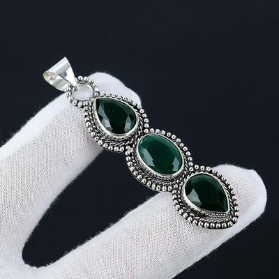 Emerald Pendant, 925 Sterling Silver, Three Green Gemstone Pendant, Emerald Gemstone, Handmade Gifts, Handmade Jewelry For Gifts For Her