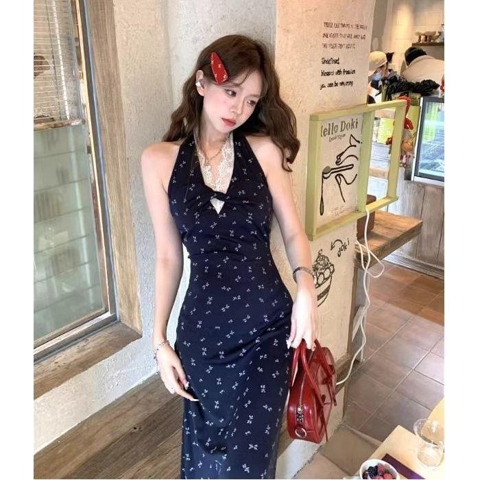 

Kink lace neck sling floral dress women s summer new seaside vacation beach dress XL синій