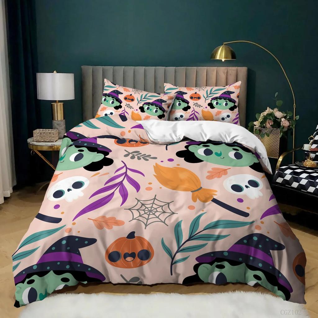 Halloween Bedding Set Gothic Spooky Duvet Cover Pumpkin Lantern Comforter Cover for Kids Boys Bat Spider Web Comforter Cover