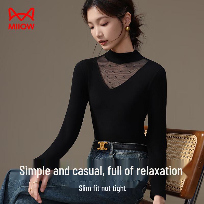Mao Ren French Elegant Lace Mesh Semi-High Collar Long Sleeve Top