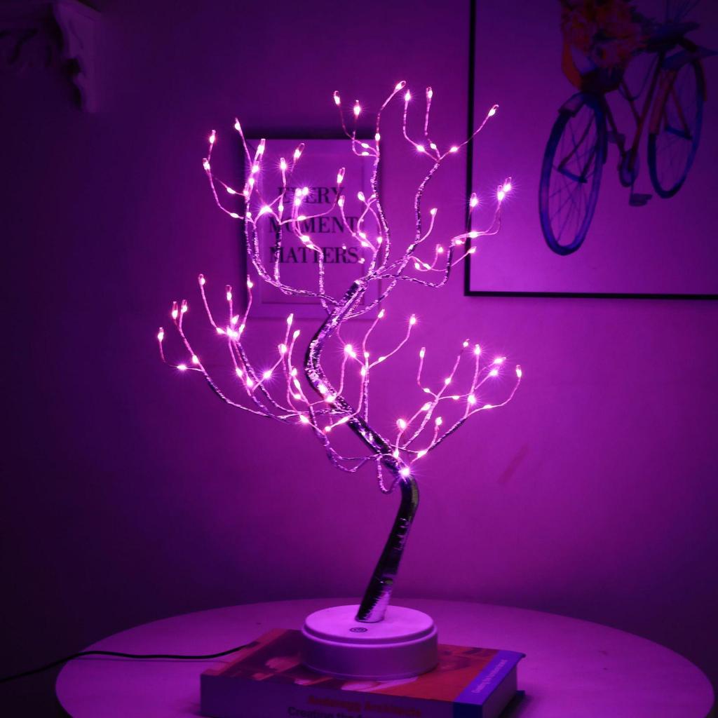 LED Bonsai Tree Lamp: Silver Branches with Pearls and Gold Leaf, Perfect for Christmas or Night Lighting