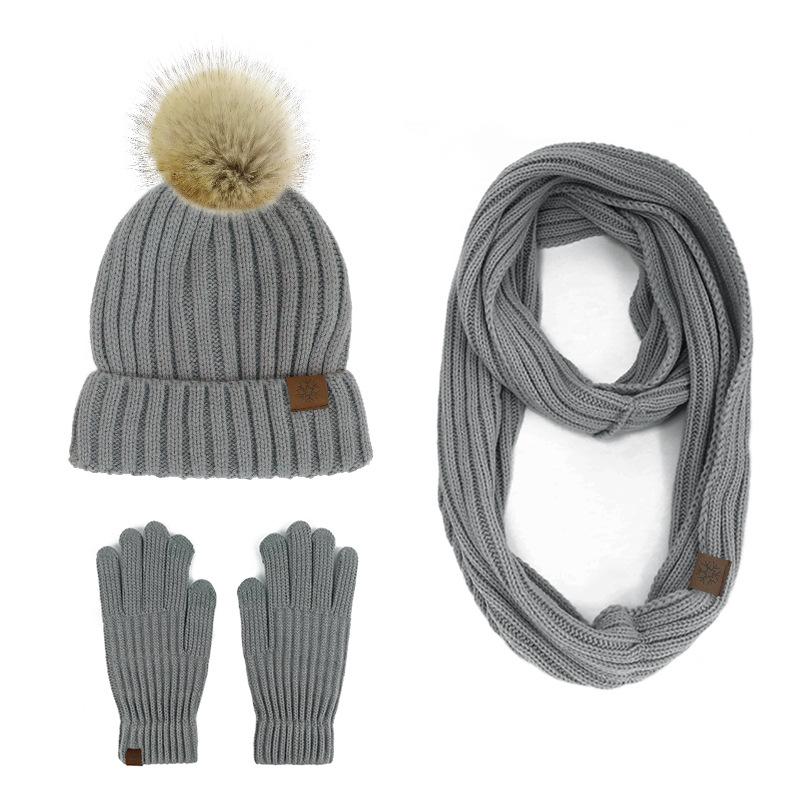 New product winter adult women's hairball knitted hat scarf gloves three-piece outdoor warm scarf set