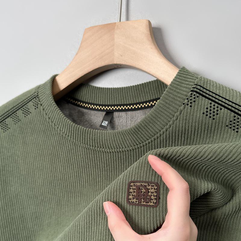 

Men s Corduroy Round Neck Hoodie with Velvet Lining - Autumn/Winter Long Sleeve Trendy T-shirt 4XL зелений