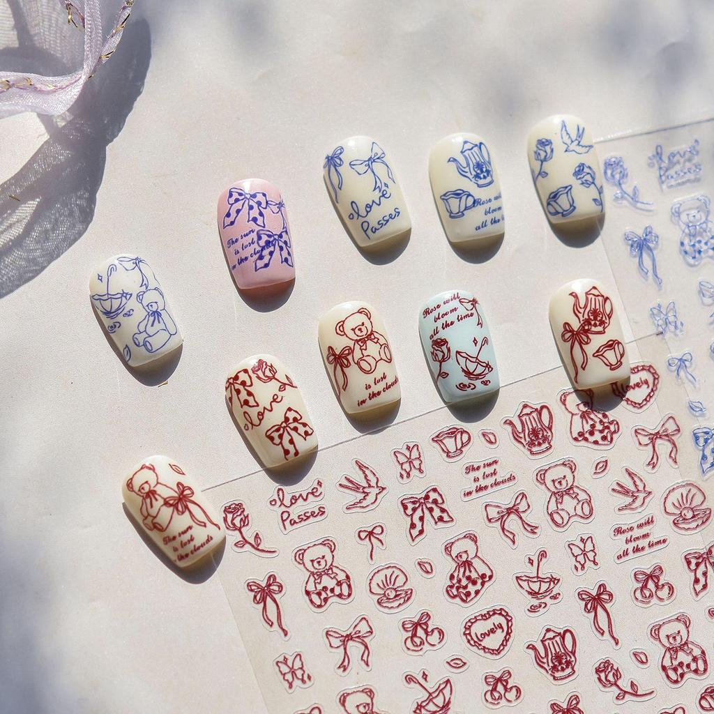 Tomoni Cute & Durable Blue Bear Nail Stickers - Cartoon & Modern Simple Line Designs, Mixed Pack
