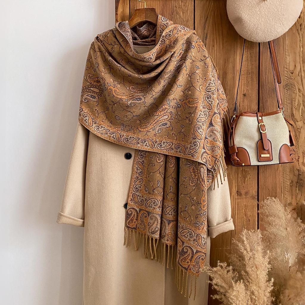Women'S Winter National Style Paisley Print Thick Pashmina Shawl  Warm Long Tassel Scarf Cold-Resistant Poncho Stoles