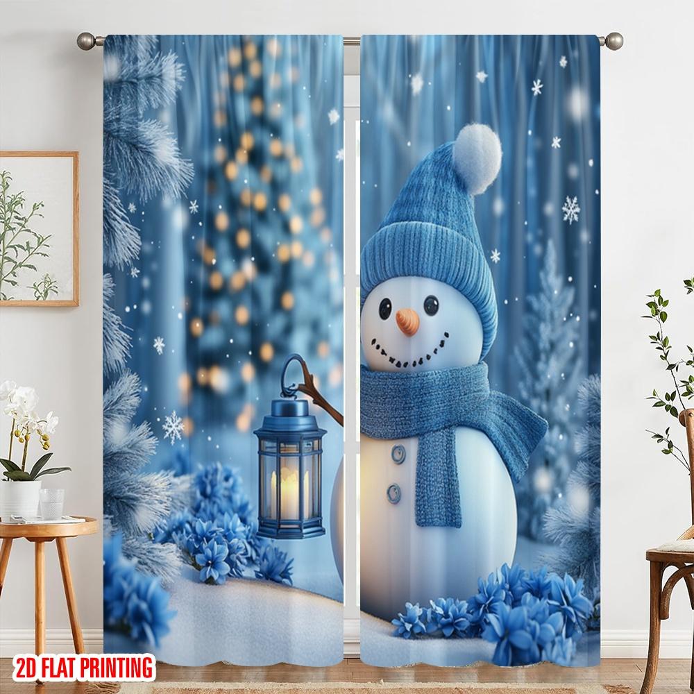 2pcs,2D Plane Printing Curtains Cute Snowman Christmas Winter Decorations (2) Durable Polyester (without Rod) Decorations For