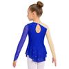 Girls Figure Skating Dance Dress: Long Sleeves Finger Holes Keyhole Back Mesh Patchwork Shiny Rhinestones Asymmetrical Hem