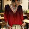 Women's V-Neck Gradient Print Ruffle Blouse with Tie