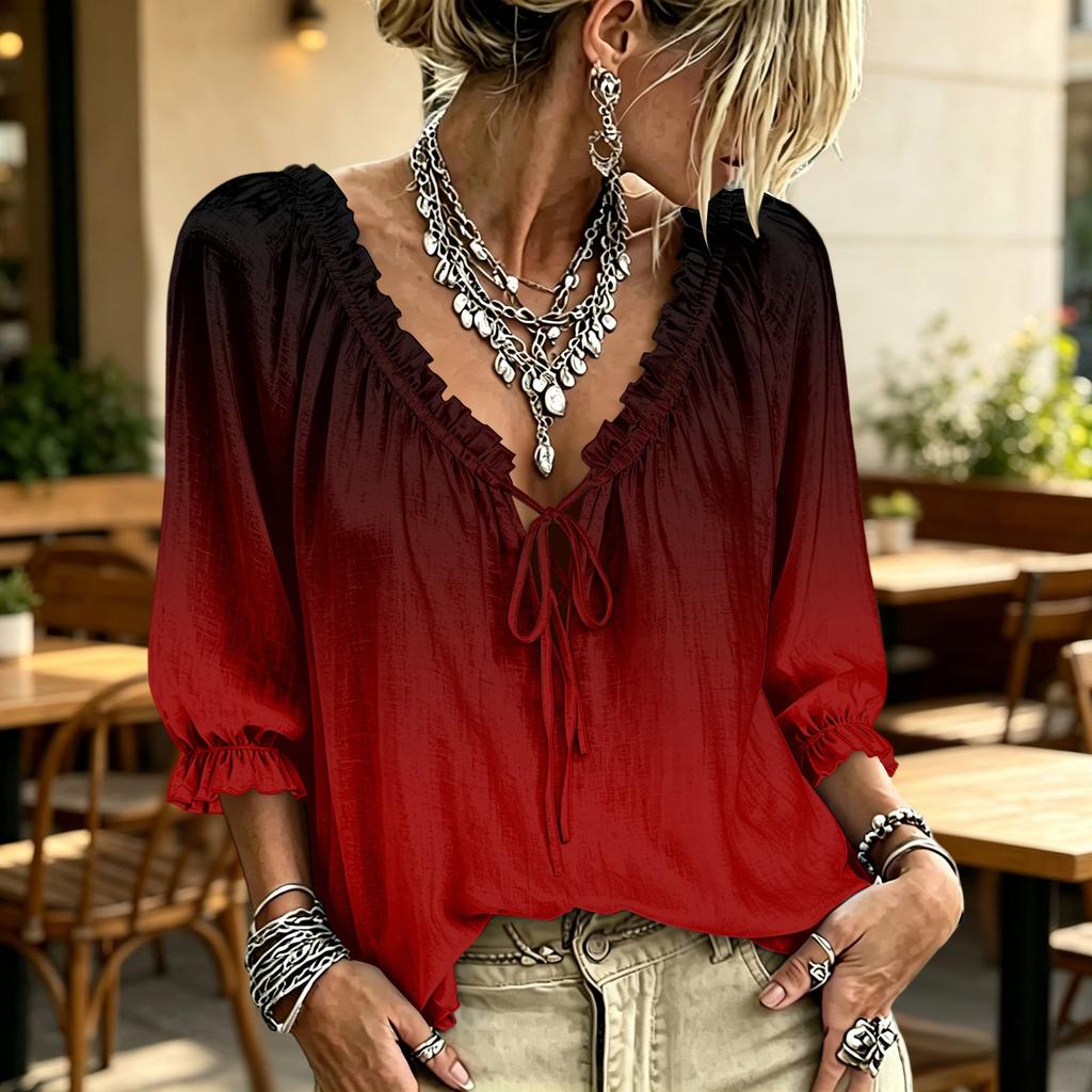 Women's V-Neck Gradient Print Ruffle Blouse with Tie