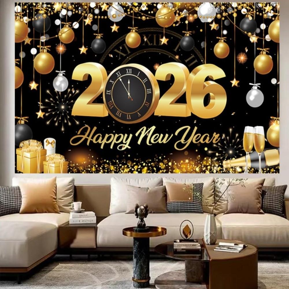 Black Gold 2026 New Year Backdrops Polyester Night Glittering Party Background Colorful Balloon Champagne New Year Banner