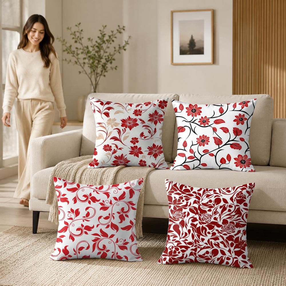 Red Floral Pattern Cushion Cover Silky Short Plush Invisible Zipper Dustproof Sofa Pillow Case For Home Decor