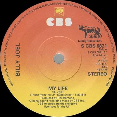 7inch Record BILLY JOEL - My Life SCBS6821 CBS 1978 UK Rock Used