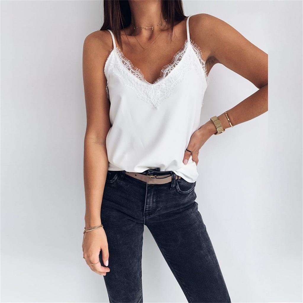 Dámské tílko s krajkou a špagetovými ramínky s výstřihem do V, ležérní bez rukávů, halenka