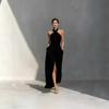Damen Neckholder Ärmelloses Midi-Kleid Figurbetont Hoher Bund Elegant Einfarbig Schlitz Wickelkleid
