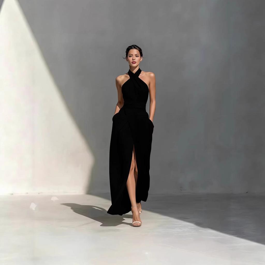 Damen Neckholder Ärmelloses Midi-Kleid Figurbetont Hoher Bund Elegant Einfarbig Schlitz Wickelkleid