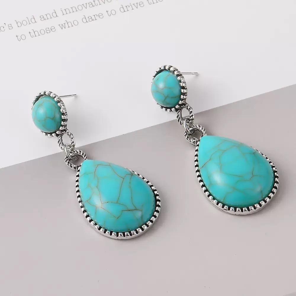 Ethnic Style Ancient Silver Turquoise Earrings, Creative Drop-shaped Turquoise Exaggerated Earrings