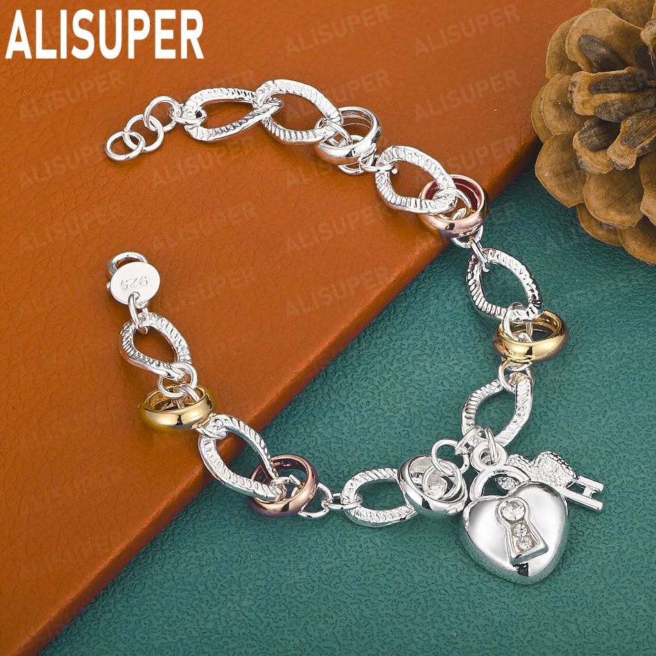 925 Sterling Silver Multi-Element Romantic Heart Side Chain Charming Bracelet Gift Jewelry