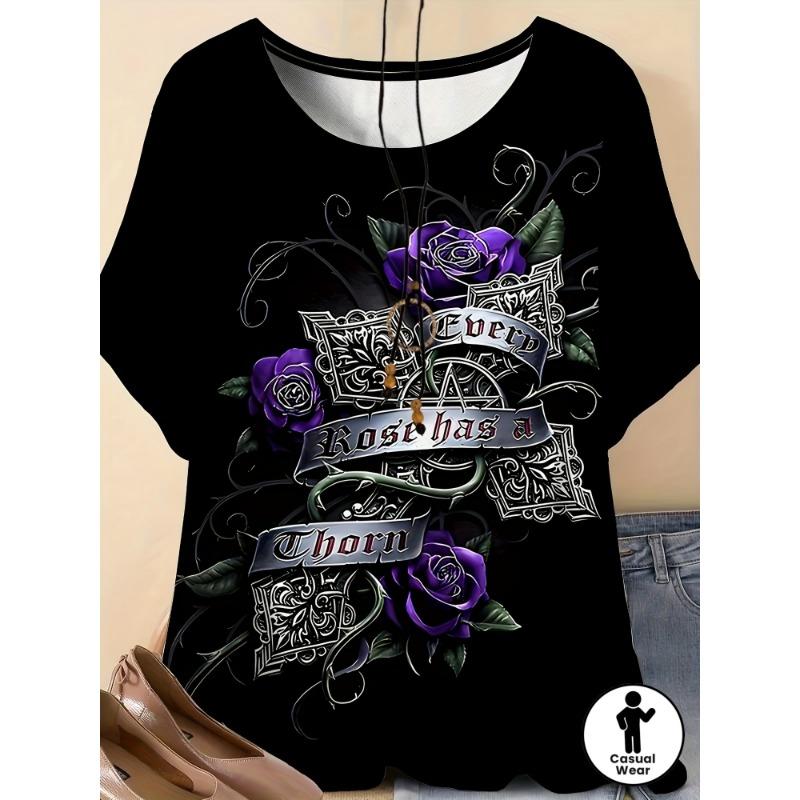 

Women s Plus Size Short Sleeve Crew Neck T-shirt - Elegant Resort Casual Wear with 3D Metallic Cross & Floral Vine Print S