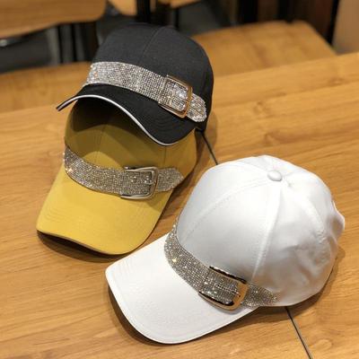 Women Baseball Hat Long Brim Rhinestone Round Top Breathable Decorative Sunscreen Contrast Color Hip Hop Women Peaked Hat Headwear