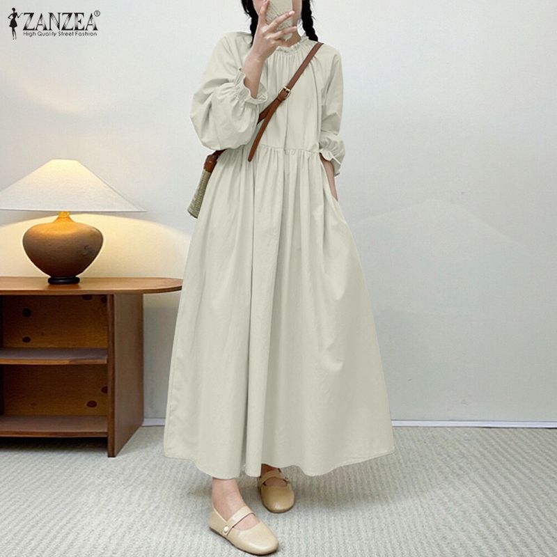 ZANZEA Women Casual Round Neck Long Sleeve Casual Baggy Long Maxi Swing Dress