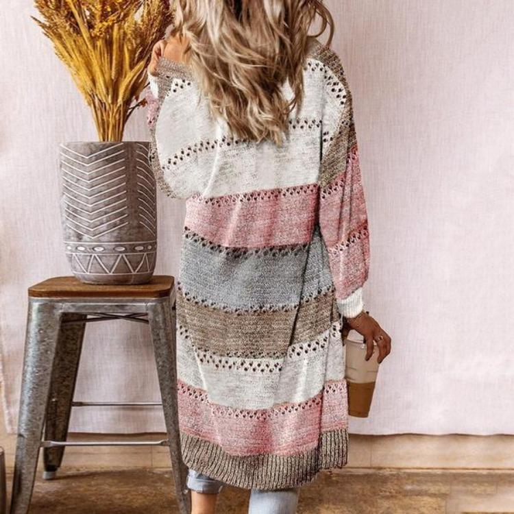 Stylish Women Long Sleeve Striped Patchwork Cardigan Comfy Casual Sweater Female Autumn Long Cardigan