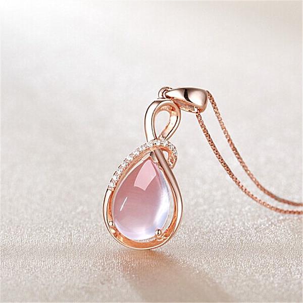 Korean Style Rose Quartz & Rhodonite Women's Clavicle Necklace with Silver & Rose Gold Pendant