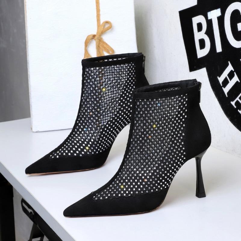 Women'S High Heel Short Boots Women'S Suede Splicing Mesh Rhinestone Rear Women'S Shoes Fashion Fine Heel Pointed Single Boots