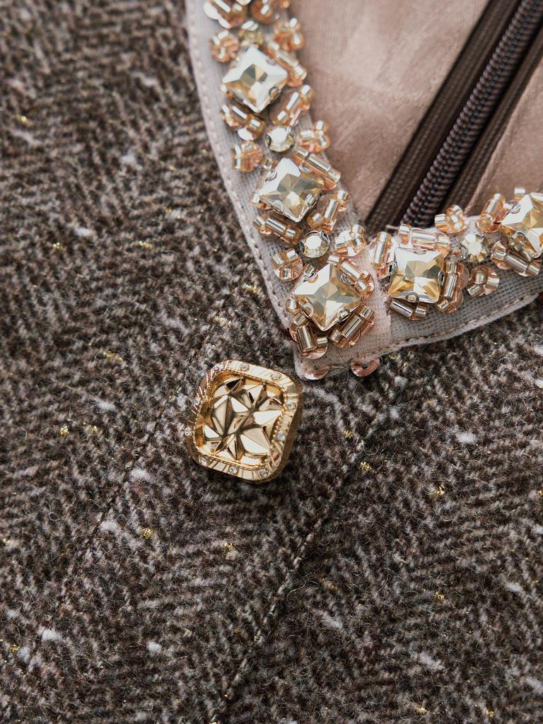 Kadınlar İçin Taşlı Yaka, Şık Sosyetik, Altın İplikli Balıksırtı Yün Elbise