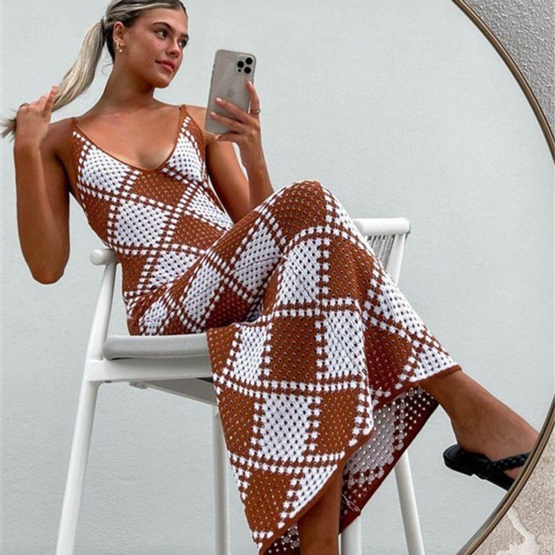

All-Match Special Women s Clothing Summer New Arrival Fashion Sleeveless V-neck Sexy Spaghetti Straps Knitted Gingham Long Dress Dark brown L