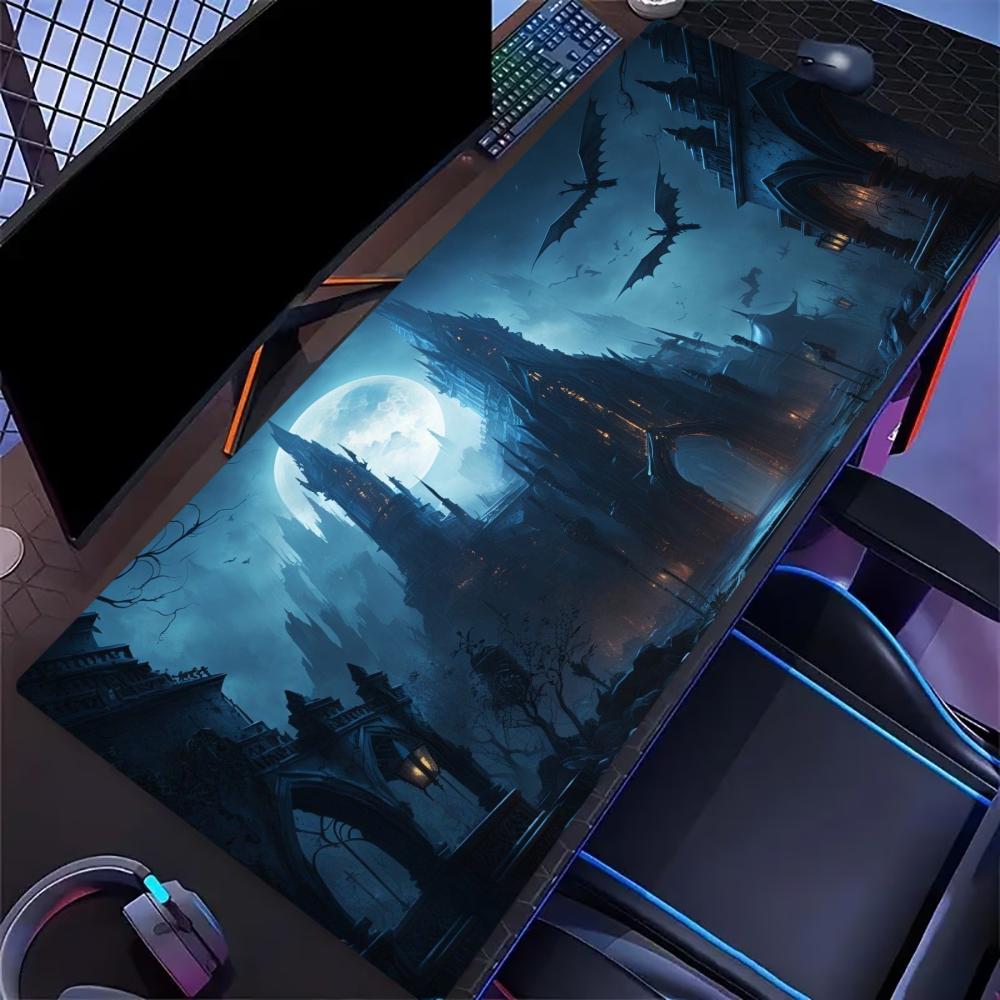 Dark Moon Gothic Castle Print Gaming Mouse Pad Large Desk Mat AntiSlip Rubber Base Stitched Edge Keyboard Mat For Laptop
