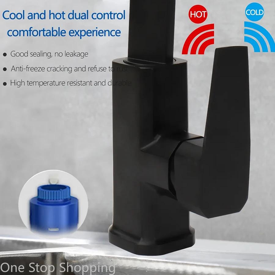 Square Kitchen Faucets 360 Degree Rotation Hot and Cold Water Taps Deck Mounted Mixer Tap Stainless Steel for Household Basin