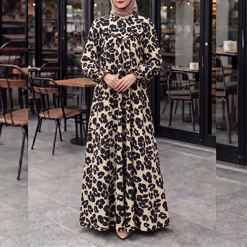 ZANZEA Damen Lässig Rundhals Locker Langarm Print Langes Kleid