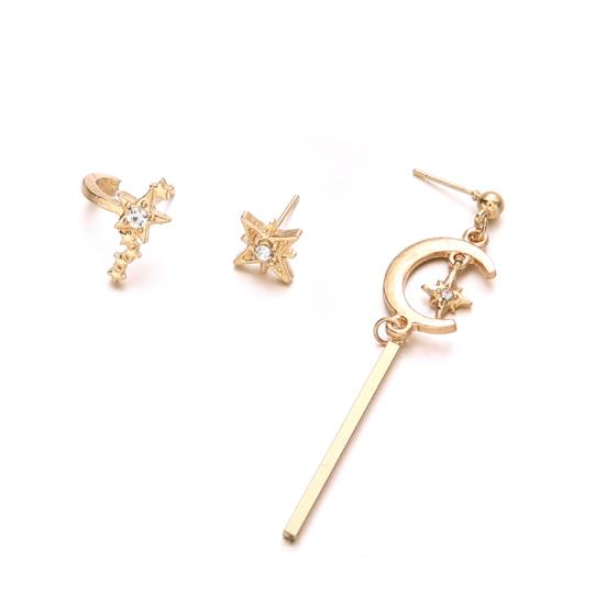3Pcs Women Rhinestone Star Moon Bar Fashion Ear Studs Earrings Set Party Jewelry